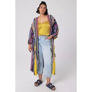 PILCRO Dreamer Striped Acrylic Cotton Wool Knit Boho Duster Sweater, Size M/L